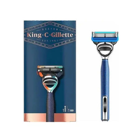 King-C-Gillette men's shaving set featuring a blue and silver razor alongside its dark blue retail box with a copper accent.