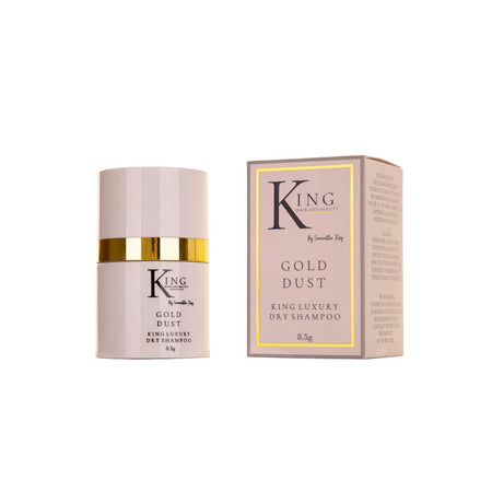 King Gold Dust dry shampoo jar next to its packaging box, featuring a pale pink color with a gold band and gold-bordered label.