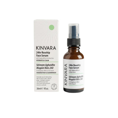 Kinvara 24hr Rosehip Face Serum shown with its white outer box and the amber glass spray bottle on a plain white background.