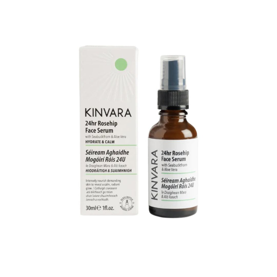 Kinvara 24hr Rosehip Face Serum shown with its white outer box and the amber glass spray bottle on a plain white background.