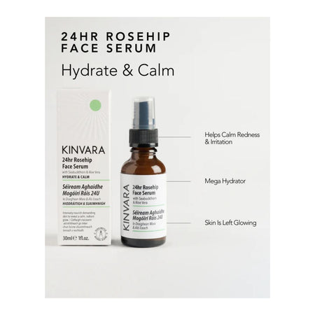KINVARA 24HR ROSEHIP FACE SERUM Hydrate & Calm, showing the white product box and the amber glass spray bottle side-by-side on a light gray background with descriptive text callouts.