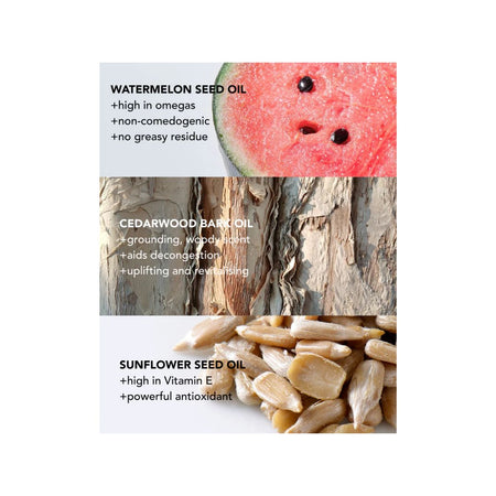 A vertical infographic collage showing three skincare oil panels: watermelon seed oil with a watermelon slice photo, cedarwood bark oil with bark texture, and sunflower seed oil with loose seeds. Text lists benefits for each oil on a white background.