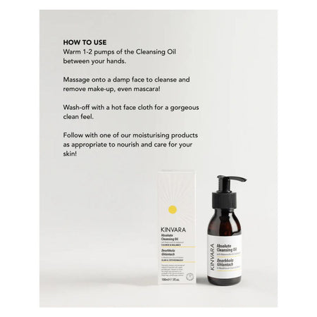 KINARA Double Cleansing Oil bottle and box shown next to printed usage instructions on a light gray background.