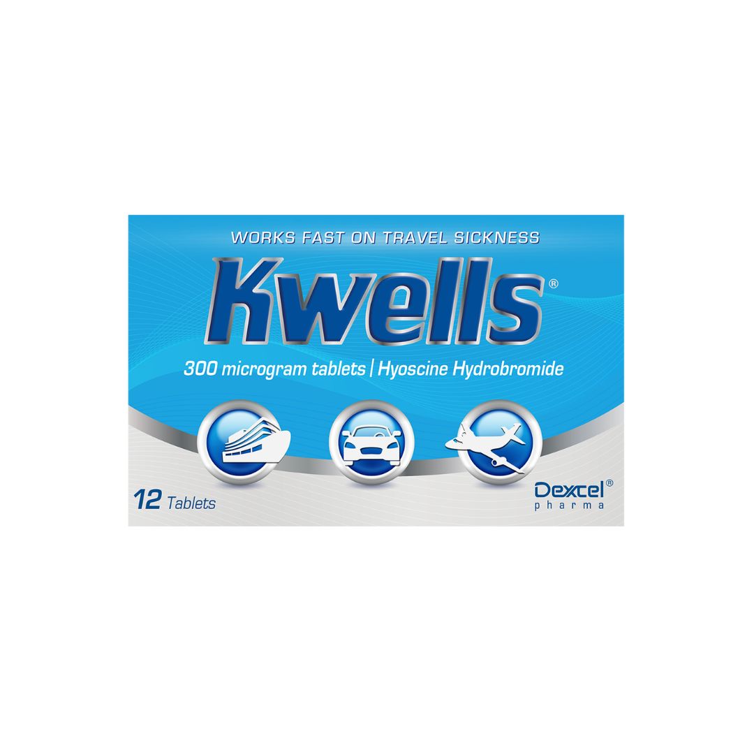 Kwells Travel Sickness 12 Tablets packaging on a white background