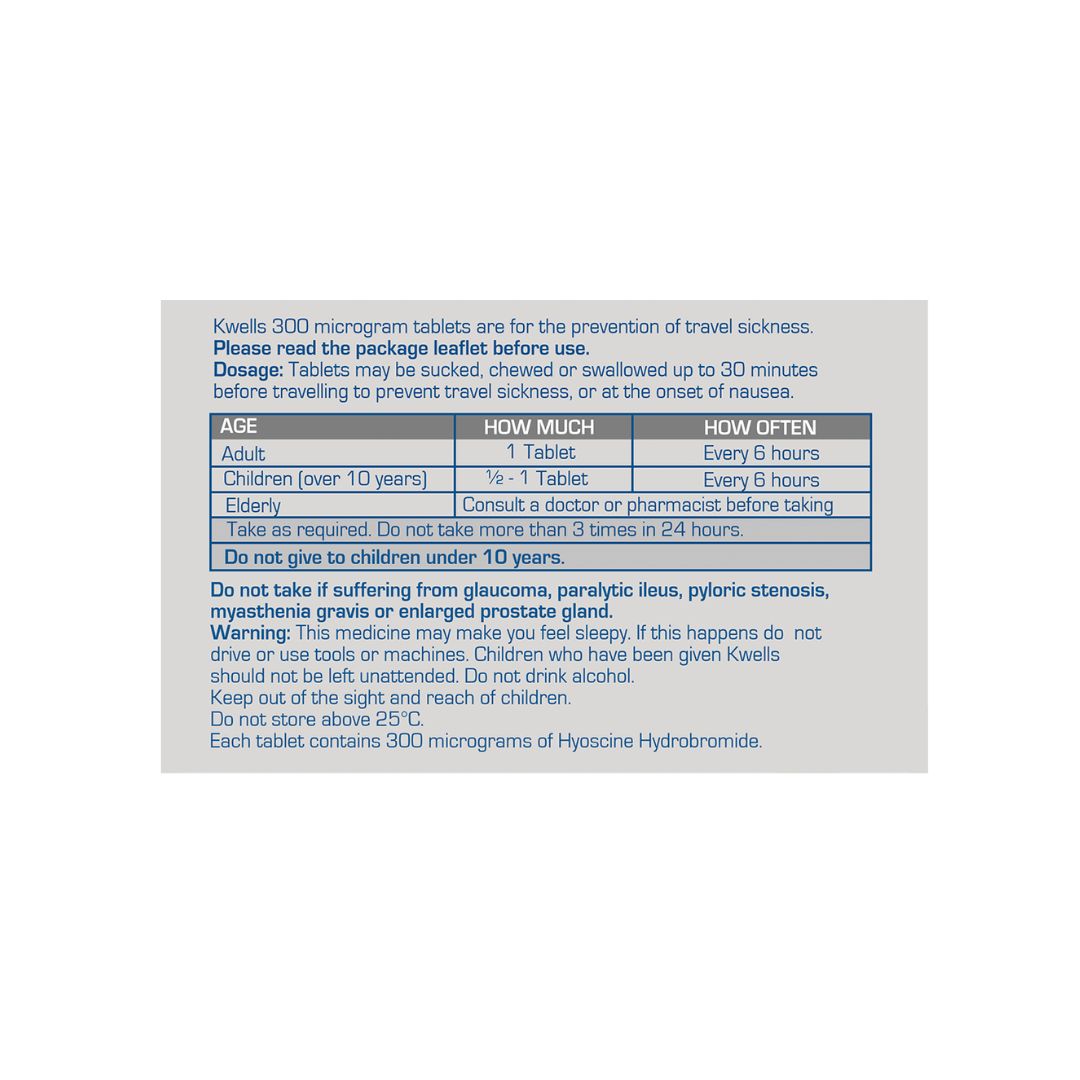 Kwells Travel Sickness 12 Tablets packaging (rear angle) on a white background