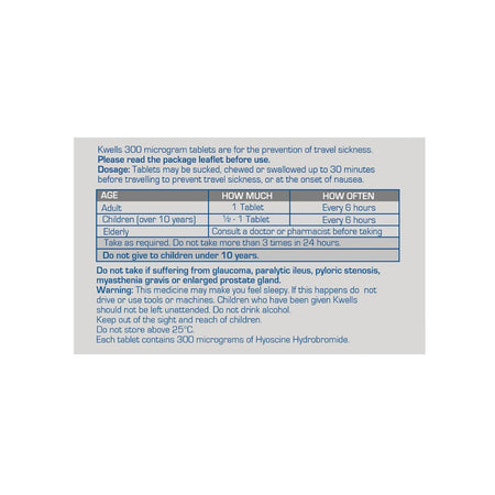 Kwells Travel Sickness 12 Tablets packaging (rear angle) on a white background