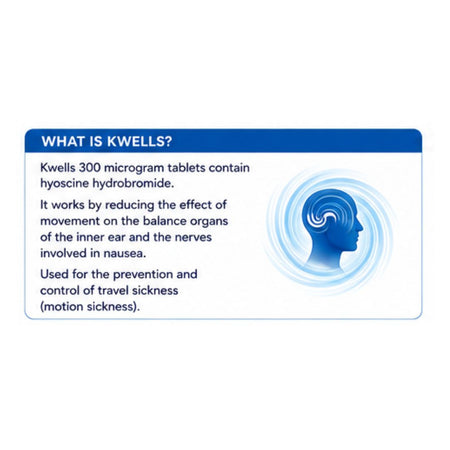 Kwells Travel Sickness 12 Tablets  'WHAT IS KWELLS?' graphic 