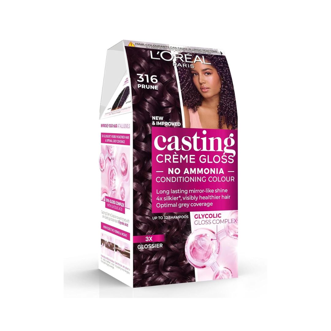 L'Oréal Paris Casting Crème Gloss hair dye box in shade 316 Prune, featuring dark auburn hair imagery and pink branding on a white background.