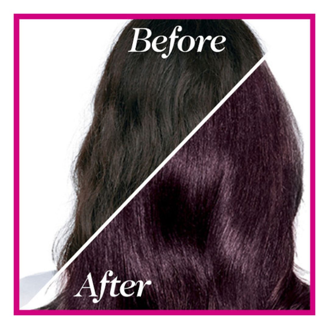 Before and after hair color comparison showing dark brown hair on the left and a deep auburn/plum-brown hair color on the right, framed by a bright pink border with 'Before' and 'After' text.