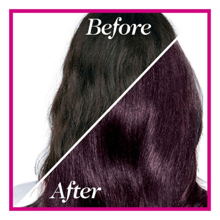 Before and after hair color comparison showing dark brown hair on the left and a deep auburn/plum-brown hair color on the right, framed by a bright pink border with 'Before' and 'After' text.
