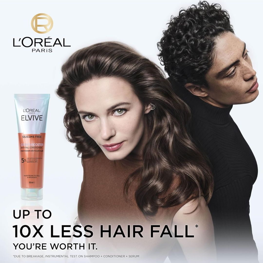 L'Oreal Elvive shampoo bottle with a woman and man with styled hair on a white background