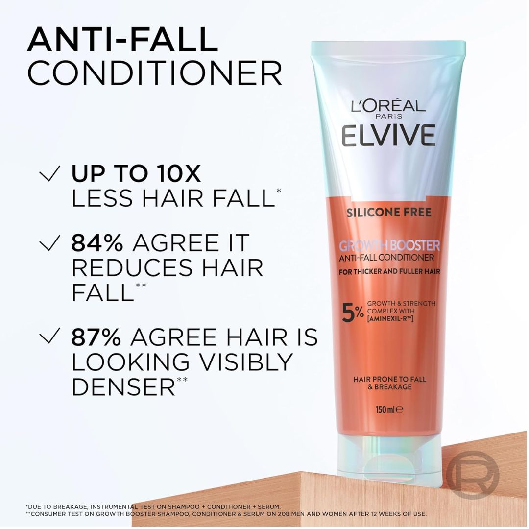 L'Oréal Paris Elvive Anti-Fall Conditioner in a 150 ml squeeze tube, shown on a white background with promotional text highlighting hair fall reduction benefits.