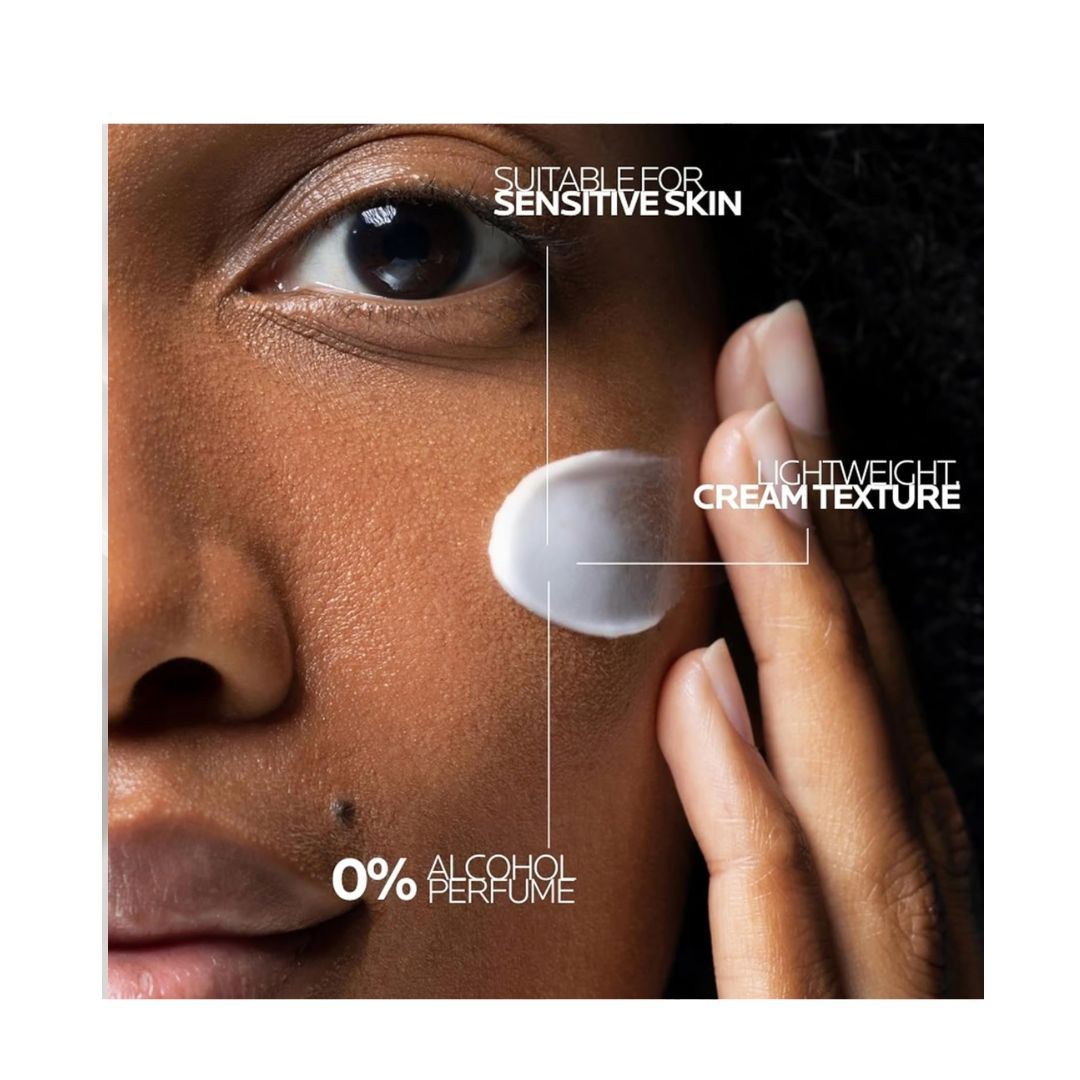 La Roche-Posay Toleriane Sensitive Crème 40ml being applied to a ladies cheek with different product facts in the image