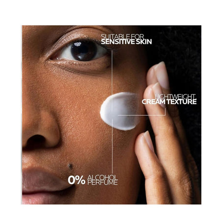 La Roche-Posay Toleriane Sensitive Crème 40ml being applied to a ladies cheek with different product facts in the image