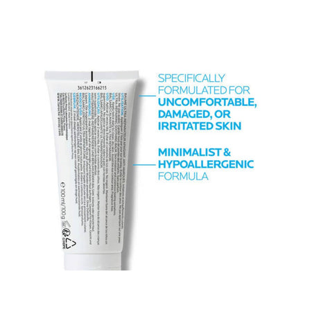 A white tube of skincare product shown on a white background with blue text describing its benefits for uncomfortable, damaged, or irritated skin.
