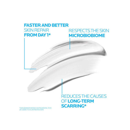 A white cosmetic smear on a white background with blue text callouts reading 'Faster and better skin repair from day 1*', 'Respects the skin microbiome', and 'Reduces the causes of long-term scarring*'.