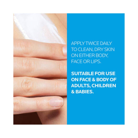 Instructional skincare graphic with a close-up of a hand applying white cream, alongside a bright blue panel with text reading: 'APPLY TWICE DAILY TO CLEAN, DRY SKIN ON EITHER BODY, FACE OR LIPS. SUITABLE FOR USE ON FACE & BODY OF ADULTS, CHILDREN & BABIES.