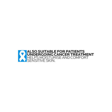 A text-based product suitability graphic on a white background. It features a blue square with a white awareness ribbon on the left, followed by the text 'ALSO SUITABLE FOR PATIENTS UNDERGOING CANCER TREATMENT HELPS MOISTURISE AND COMFORT SENSITIVE SKIN.
