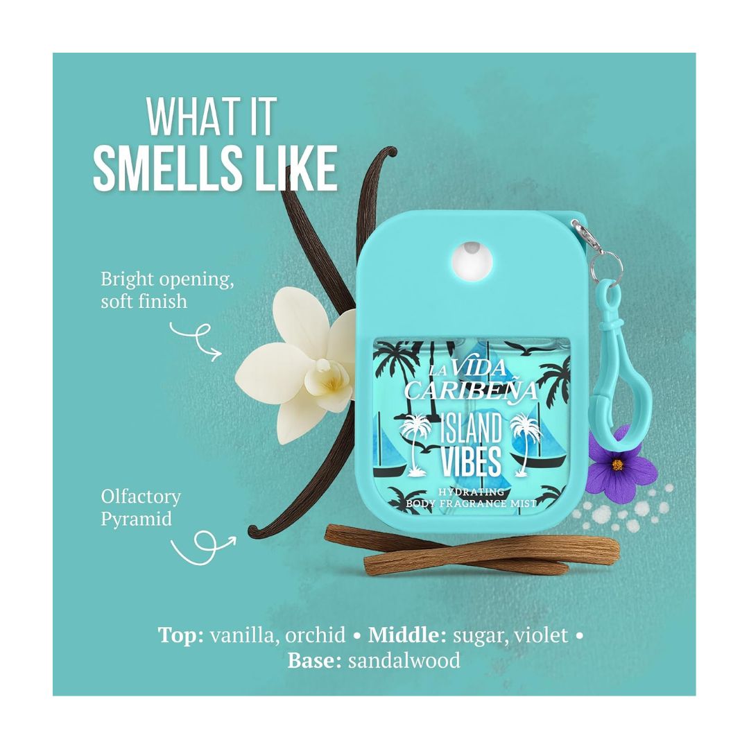 La Vida Caribeña Island Vibes Body Mist scent profile on a green background