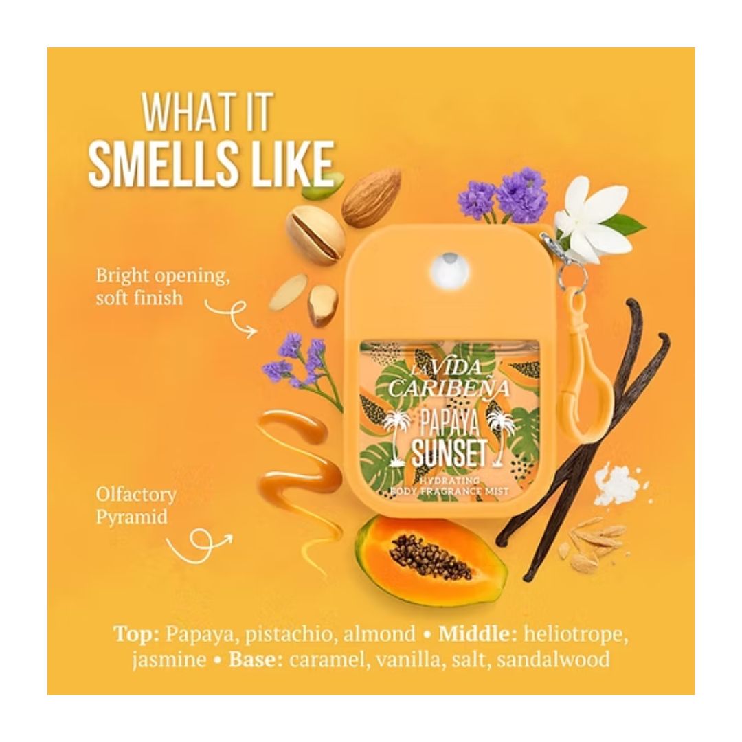 La Vida Caribeña Papaya Sunset Body Mist scent profile information on an orange background