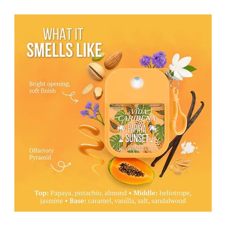 La Vida Caribeña Papaya Sunset Body Mist scent profile information on an orange background