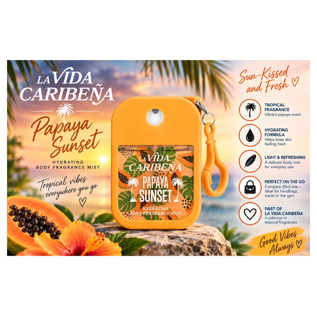 La Vida Caribeña Papaya Sunset Body Mist informative graphic on a tropical beach background