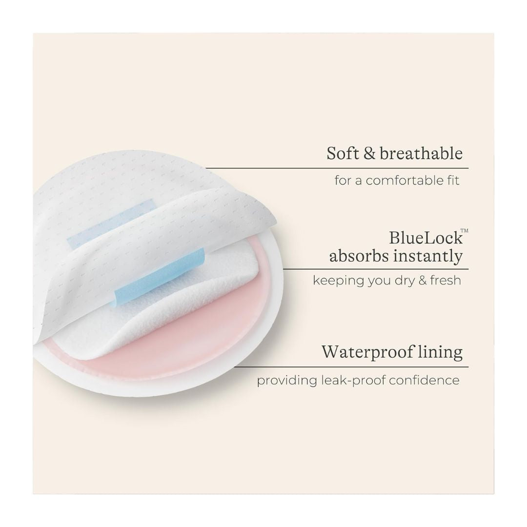 Lansinoh Disposable Breast Pad on a cream background with product details 