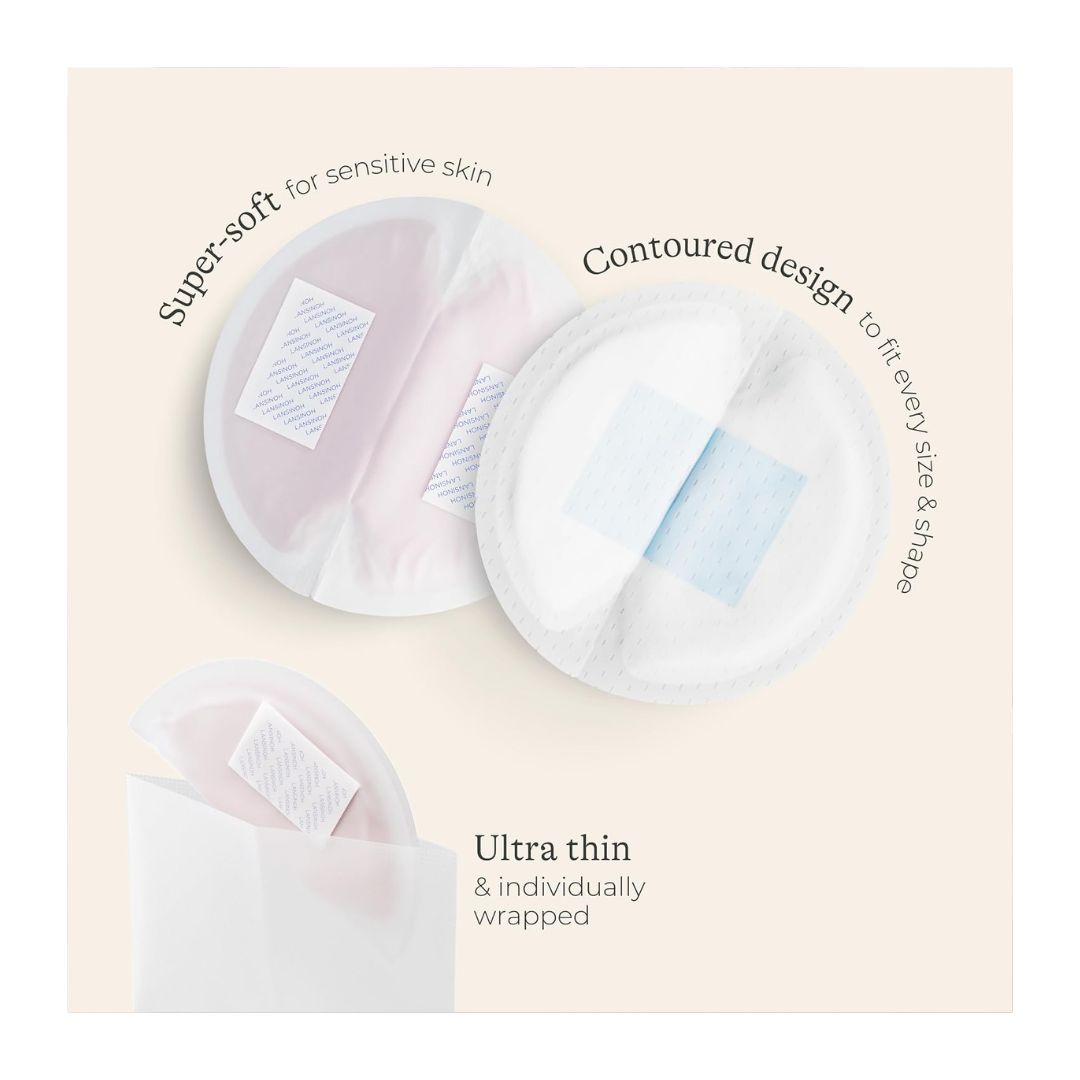 Lansinoh Disposable Breast Pads product details and two pads on a cream background