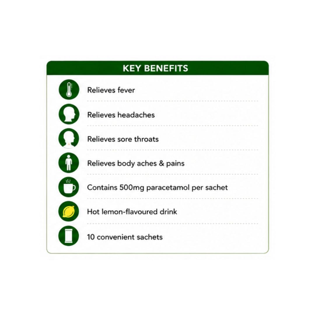 Lemsip Cold & Flu Hot Lemon 500mg 10 Sachets 'KEY BENEFITS' graphic