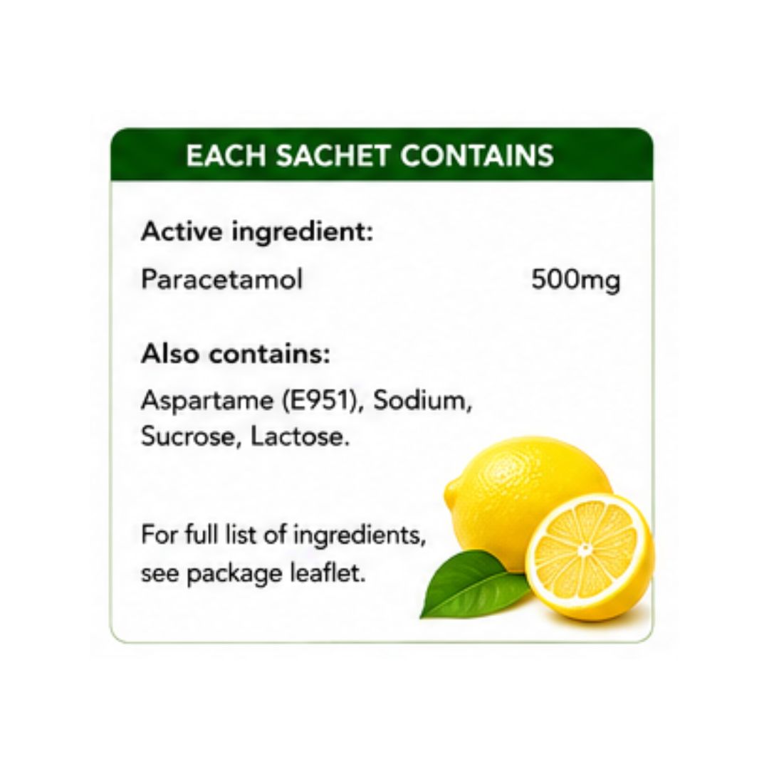Lemsip Cold & Flu Hot Lemon 500mg 'EACH SACHET CONTAINS' graphic
