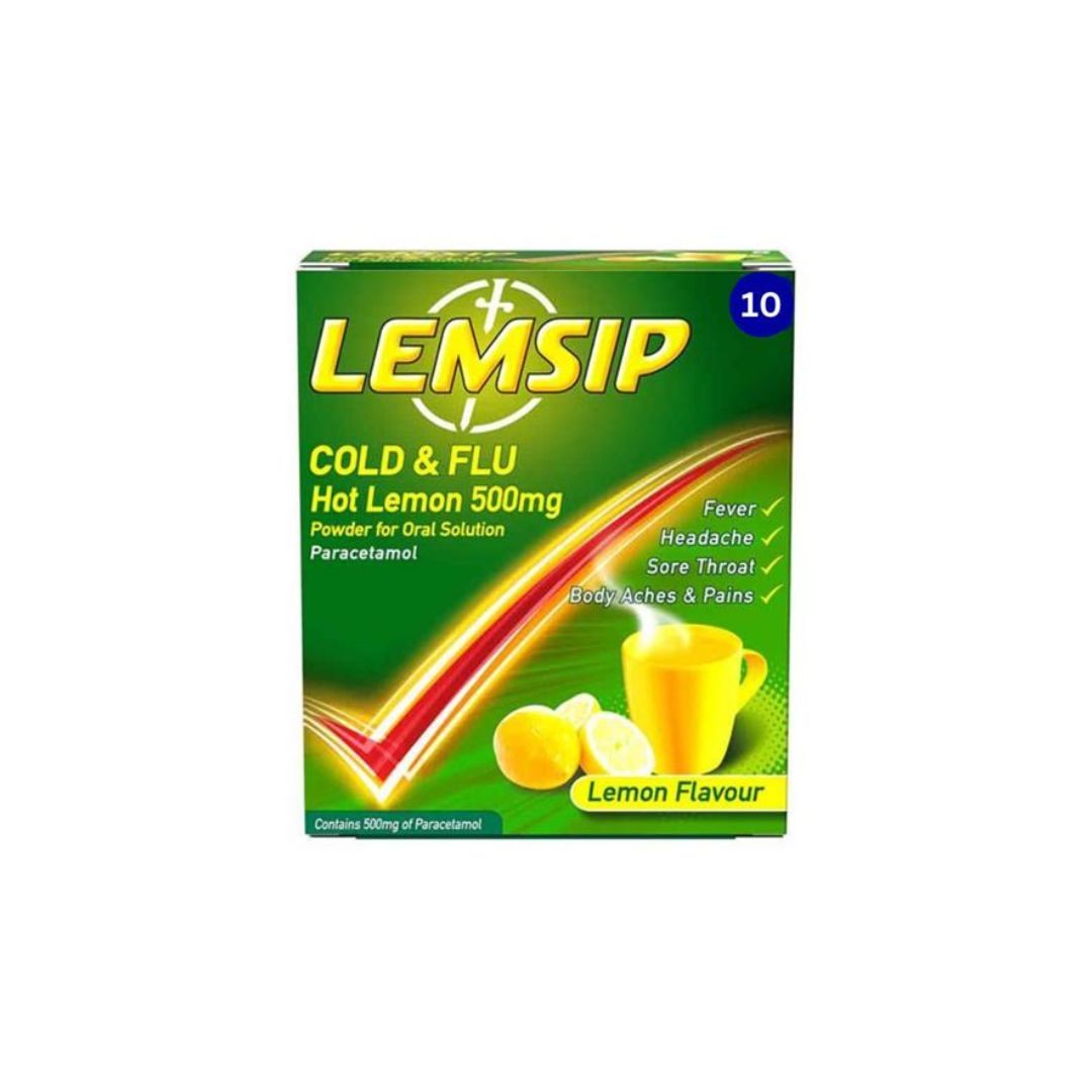 Lemsip Cold & Flu Hot Lemon 500mg 10 Sachets packaging on a white background