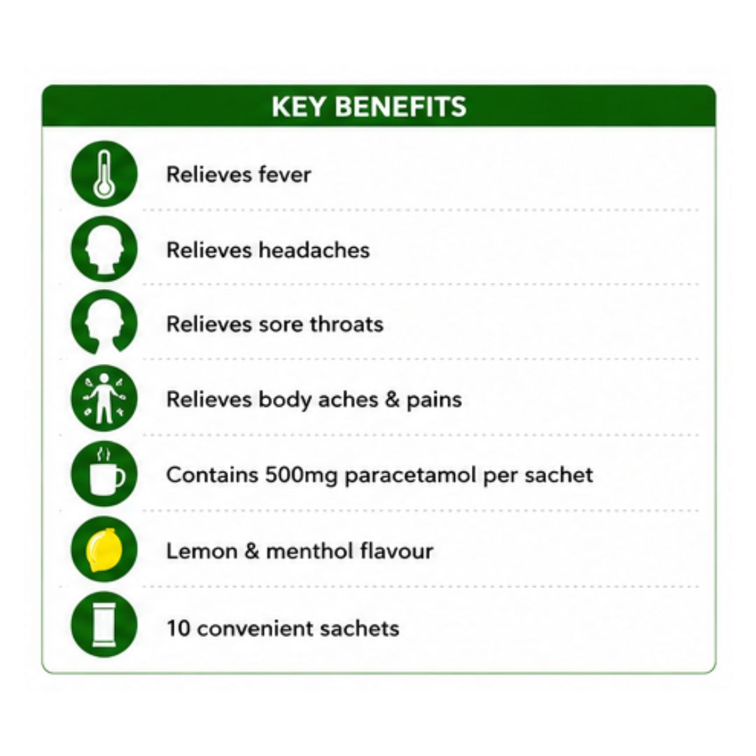 Lemsip Cold & Flu Headcold 500mg 10 Sachets 'KEY BENEFITS' graphic on a white background