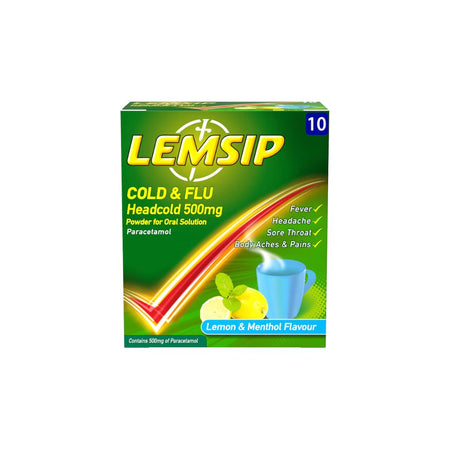 Lemsip Cold & Flu Headcold 500mg 10 Sachets packaging on a white background