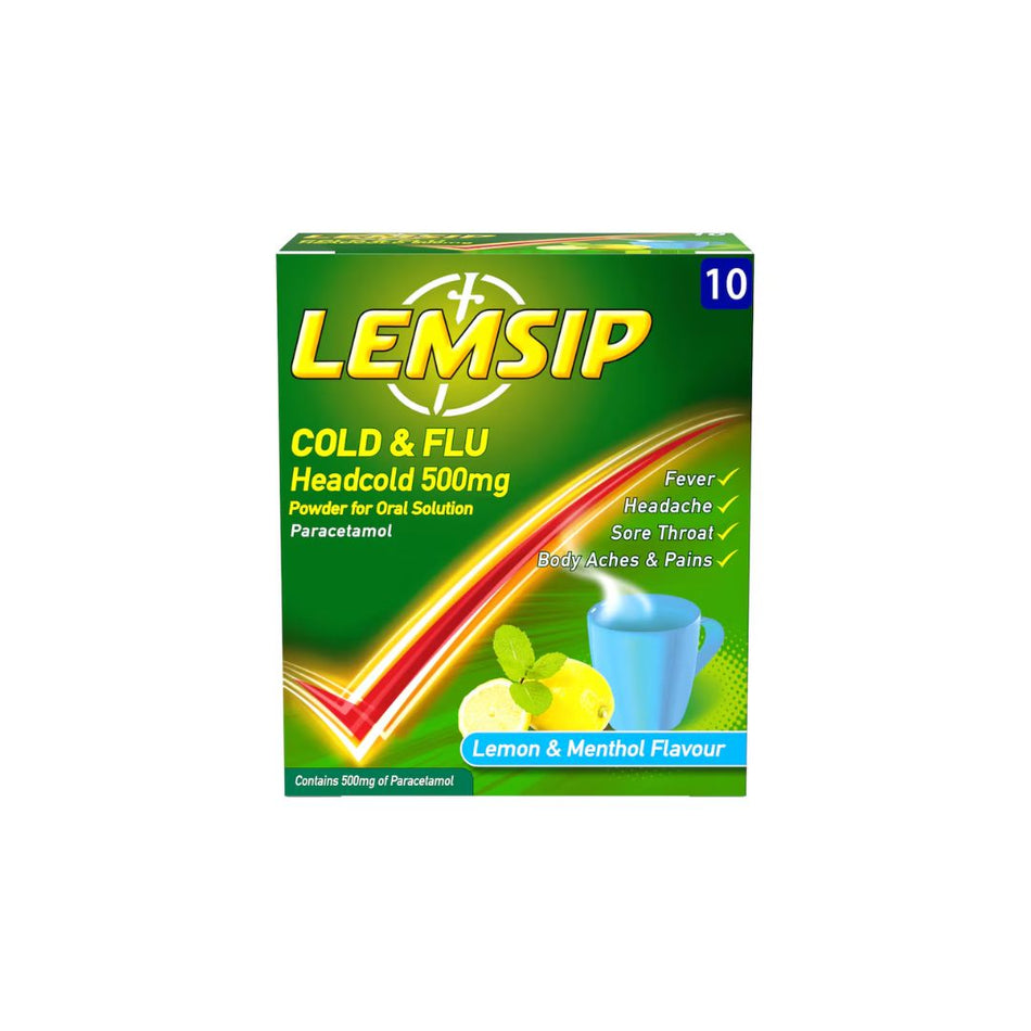 Lemsip Cold & Flu Headcold 500mg 10 Sachets packaging on a white background
