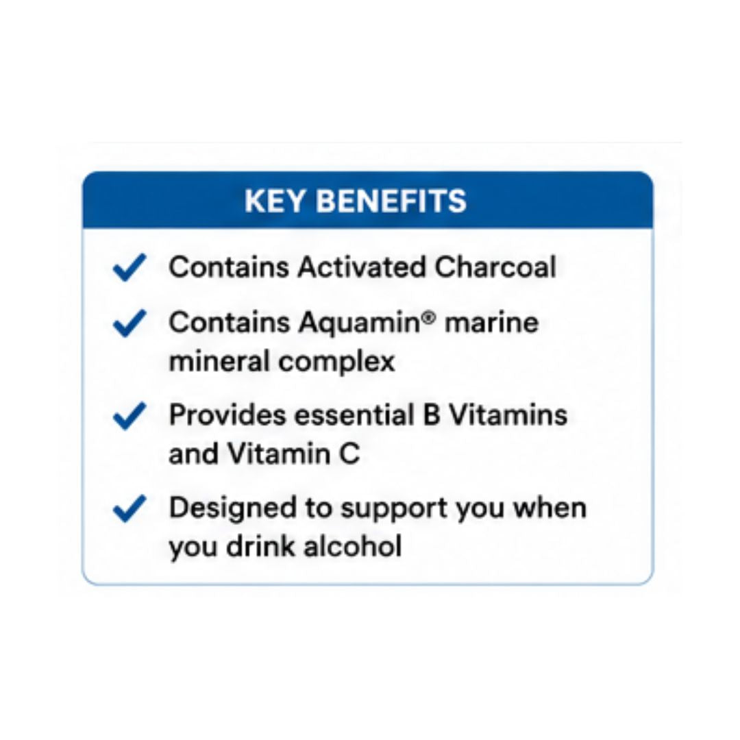 Lifeline Hangover Defence 'KEY BENEFITS' graphic on a white 