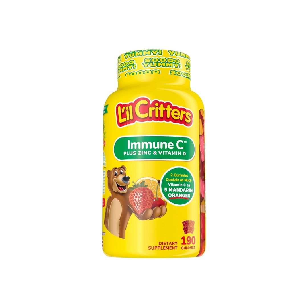 L'il Critters Immune C + Zinc & Vitamin D 190 Gummies packaging on a white background