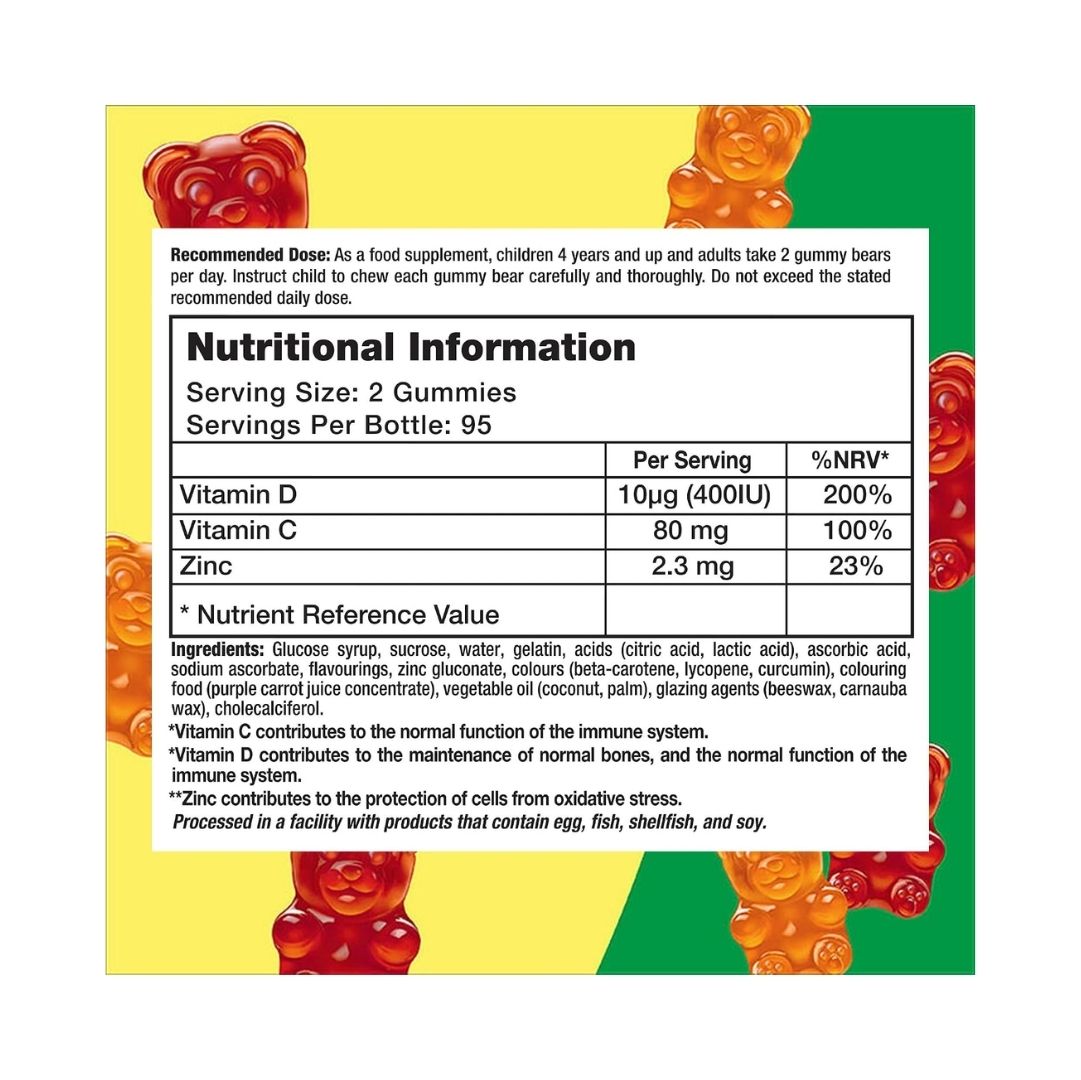 L'il Critters Immune C + Zinc & Vitamin D 190 Gummies 'NUTRITIONAL INFORMATION' chart on a green and yellow background
