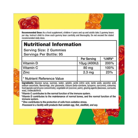 L'il Critters Immune C + Zinc & Vitamin D 190 Gummies 'NUTRITIONAL INFORMATION' chart on a green and yellow background