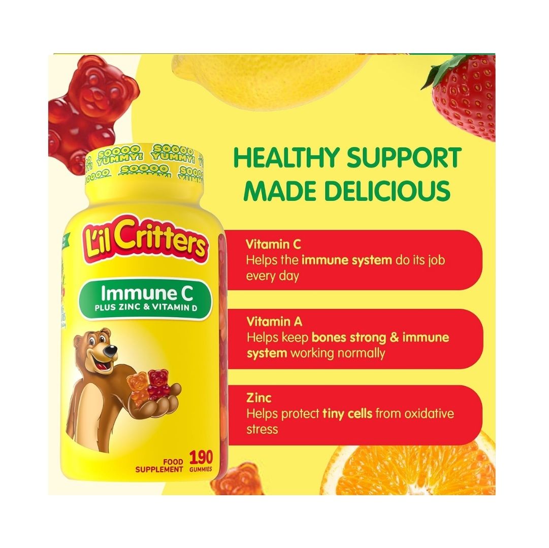 L'il Critters Immune C + Zinc & Vitamin D 190 Gummies 'HEALTHY SUPPORT MADE DELICIOUS' graphic on a yellow background