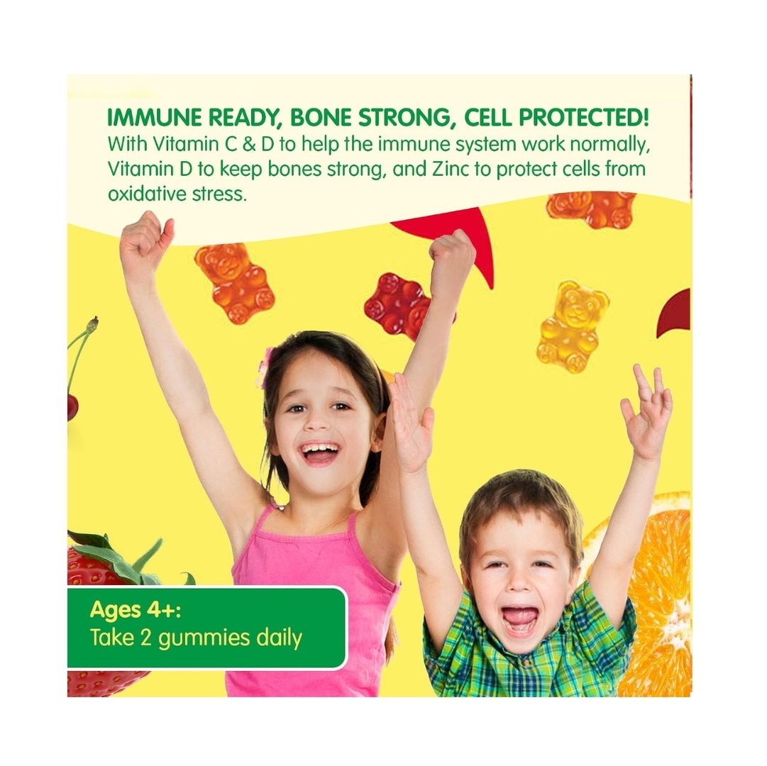 L'il Critters Immune C + Zinc & Vitamin D 190 Gummies image of children celebrating on a yellow background