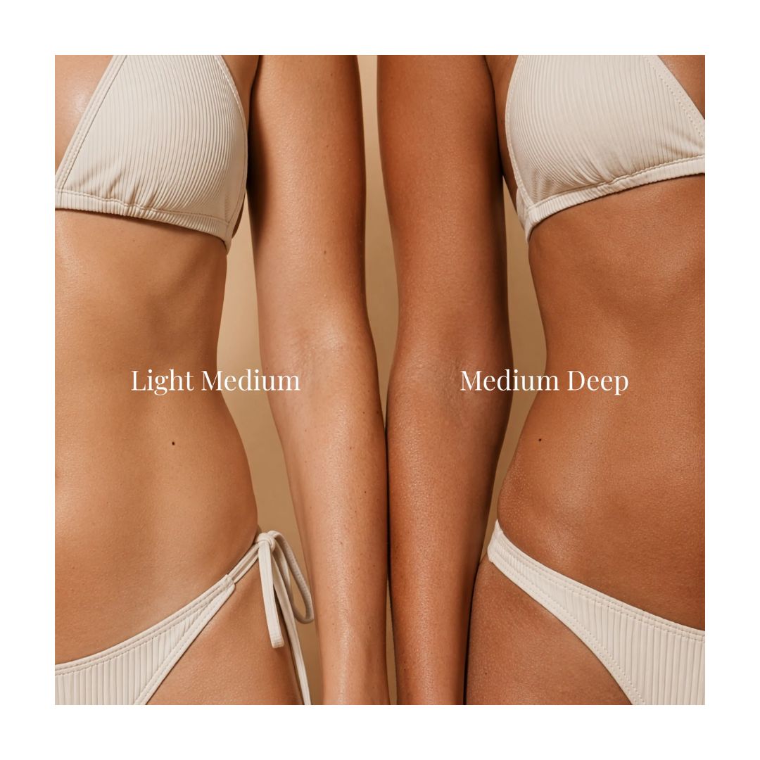 Lisa & Co. Gradual Tan Moisturiser Light/Medium comparison of models in which one has 'Light Medium' and the other has 'Medium Deep'
