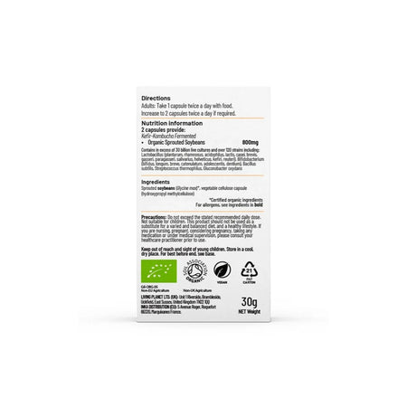 The back of a white rectangular box for Nordic Naturals Organic Spirulina capsules, showing text, logos, and a 30g weight on a plain white background.Living Nutrition Symbiotic Capsules
