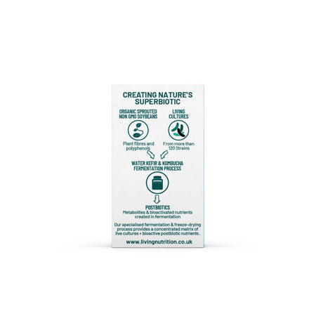 A tall, narrow white product box for Living Nutrition Superbiotic, featuring dark green text and icons explaining its organic spirits, living cultures, and water kefir and kumquid fermentation process.