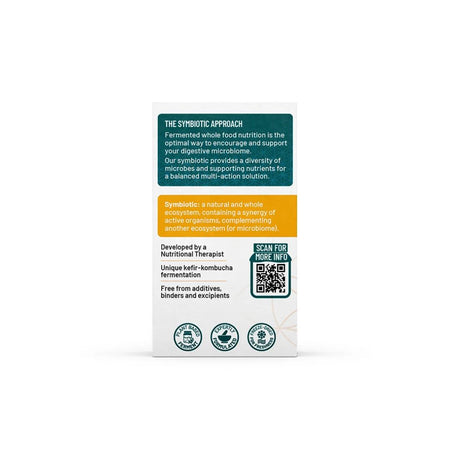 A tall, narrow white product box with dark teal and orange text blocks, a QR code, and several circular green certification logos near the bottom, photographed on a clean white background.