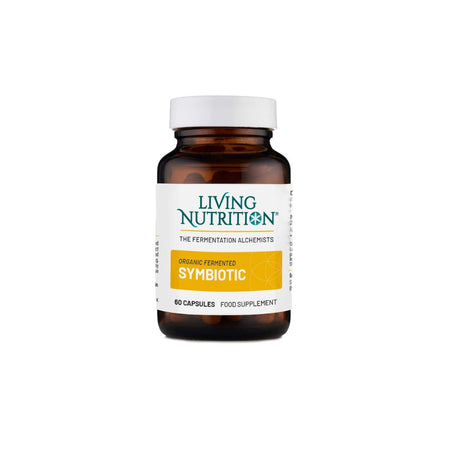 A bottle of Living Nutrition Symbiotic food supplement, featuring an amber glass bottle with a white cap and a white label with green and yellow text.