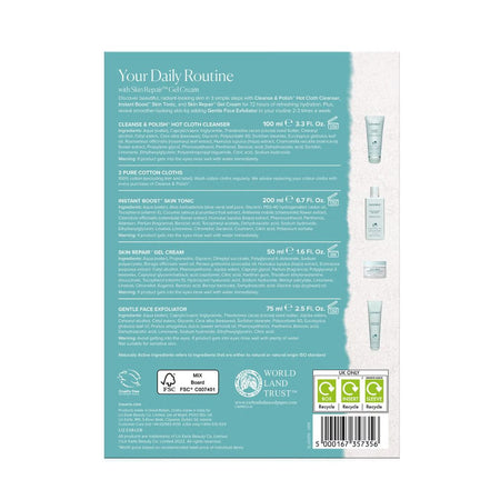 The back of a skincare product box showing product details, ingredients, and a vertical strip of illustrated tube packages on the right side, with a teal and white design and certification logos at the bottom.