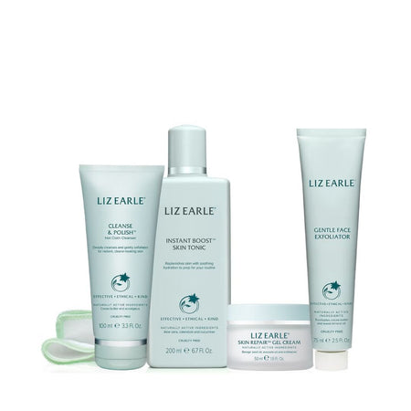 A skincare set from Liz Earle on a white background, including a Cleanse & Polish body wash tube, an Instant Boost Skin Tonic bottle, a Gentle Face Exfoliator tube, a Skin Repair Gel Cream jar, and two green cleansing pads.