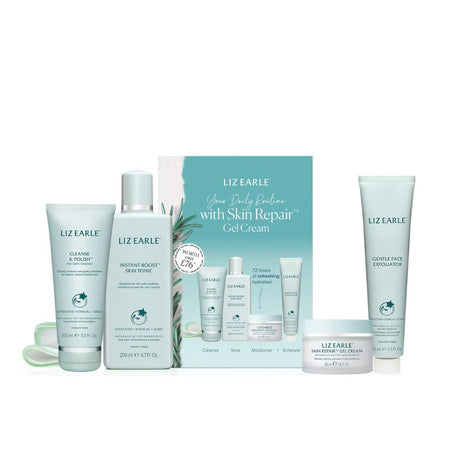 Liz Earle Your Daily Routine with Skin Repair Gel Cream gift set, featuring multiple skincare bottles, tubes, and a jar arranged in front of a teal and white gift box on a white background.