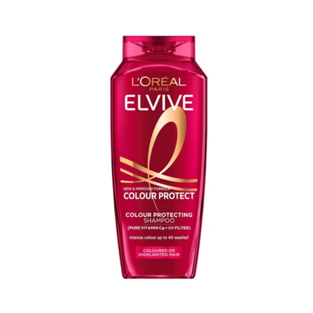 A bottle of L'Oréal Paris Elvive Colour Protect Shampoo in a vibrant magenta pink color with gold accents, centered on a plain white background.