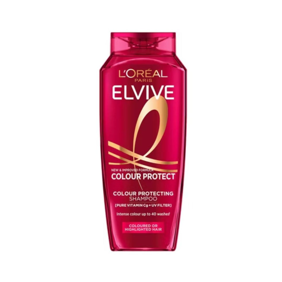 A bottle of L'Oréal Paris Elvive Colour Protect Shampoo in a vibrant magenta pink color with gold accents, centered on a plain white background.